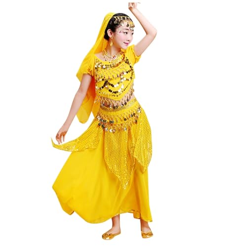 Mifeiwukawa 5-teiliges Mädchenkostüm für Kinder, Tanzkostüm, Paillettenrock, Oberteile, Schleier, Taillenkette, Halskette, Aufführung, indische Tanzshow, Halloween, Karneval, 80er-Jahre-Kostüm für von Mifeiwukawa