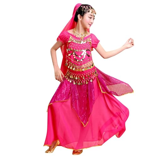 Mifeiwukawa 5-teiliges Mädchenkostüm für Kinder, Tanzkostüm, Paillettenrock, Oberteile, Schleier, Taillenkette, Halskette, Aufführung, indische Tanzshow, Halloween, Karneval, 80er-Jahre-Kostüm für von Mifeiwukawa