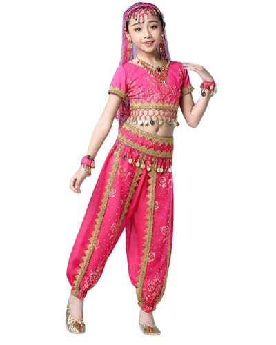Mifeiwukawa Bollywood-Bauchtanzkostüm für Mädchen, 8-teilig, Bühnenoberteil und Laternenhose mit Glöckchen, Karneval, Tänzerin, Outfit (Rose8cs, M) von Mifeiwukawa