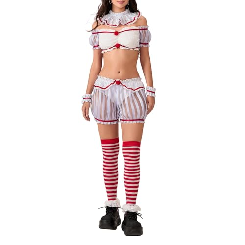 Mifeiwukawa Halloween-Kostüm, Clown-Tops und Shorts, gestreifte Strümpfe, Set, Cosplay, Rollenspiel-Outfits (Grau, L) von Mifeiwukawa