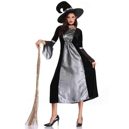 Mifeiwukawa Halloween-Kostüme für Damen, 3-teilig, Hexe, Cosplay, Party-Outfits, Bustier, Hexenkleid mit Hut, Choker, Karneval, Festival, Performance-Kostüm (Schwarz, L) von Mifeiwukawa