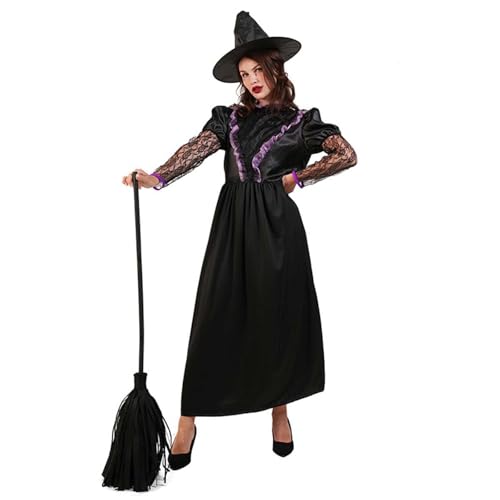 Mifeiwukawa Halloween-Kostüme für Erwachsene, Damen, Spitzenbesatz, Vintage-Hexenkleid mit Hexenhut, 2-teilig, Cosplay, Party, Performance-Kostüme (Schwarz, M) von Mifeiwukawa