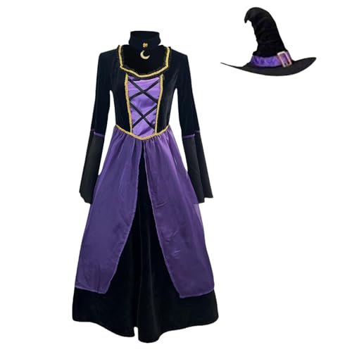 Mifeiwukawa Halloween-Kostüme für Erwachsene und Damen, Vintage-Hexenkleid mit Hut, Choker, Cosplay-Party, 3-teilig, Vampir-Hexen-Outfits, Renaissance, Mittelalter-Performance-Kleidung (Lila, XXL) von Mifeiwukawa