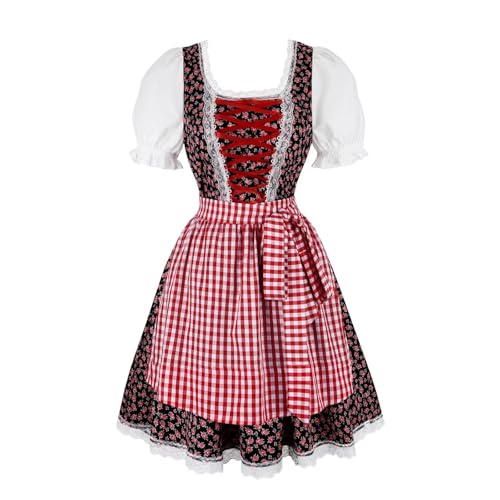 Mifeiwukawa Oktoberfest Outfit Damen Bayerisches Dirndlkleid Fasching Kostüm Halloween 3-teiliges Set Karneval Traditionell (Rotschwarz, 3XL) von Mifeiwukawa
