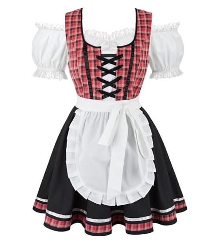 Mifeiwukawa Oktoberfest Outfit Damen Bayerisches Dirndlkleid Fasching Kostüm Halloween 3-teiliges Set Karneval Traditionell (Schwarzrot, 3XL) von Mifeiwukawa