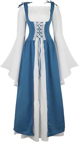 Mifeiwukawa Renaissance-Kostüm für Damen, mittelalterliche Kleider, irisch, über Plue, Größe Deluxe, viktorianisches Retro, Cosplay (Stahlblau, S) von Mifeiwukawa