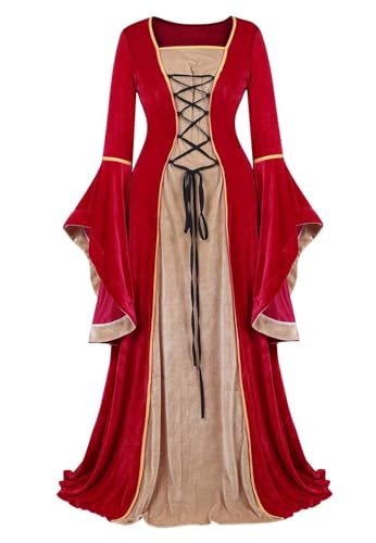 Mifeiwukawa Renaissance-Kostüm für Damen, mittelalterliches Samtkleid, irisches Vintage-Kostüm, viktorianische Fee, Party, Halloween, Rot, Größe L Mifeiwukawa Renaissance-Kostüm für Damen, mittelalterliches Samtkleid, irisches Vintage-Kostüm, viktorianische Fee, Party, Halloween, Rot, Größe L von Mifeiwukawa