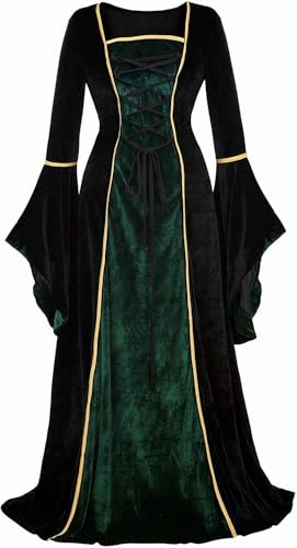 Mifeiwukawa Renaissance-Kostüm für Damen, mittelalterliches Samtkleid, irisches Vintage-Kostüm, viktorianische Fee, Party, Halloween, Schwarzgrün, Größe M von Mifeiwukawa