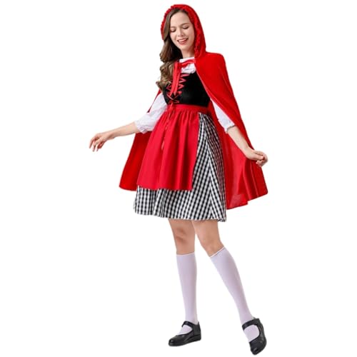 Mifeiwukawa Rotkäppchen-Kostüm für Erwachsene, Damen, Halloween, Karneval, Cosplay, Outfits, Prinzessinnen-Kostüm mit Kapuze, Umhang, Weihnachtsaufführung, Kleidung (Wassermelonenrot, Größe S) von Mifeiwukawa