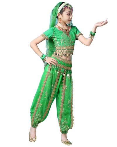 Mifeiwukawa Tanzkostüm für Mädchen, Bollywood, Bauchtanzkostüm, Bühnenoberteil und Laternenhose mit Glocken, Anzug, Karneval, Tänzerin, Outfit, Anzug (Grün, 8 C, L) von Mifeiwukawa