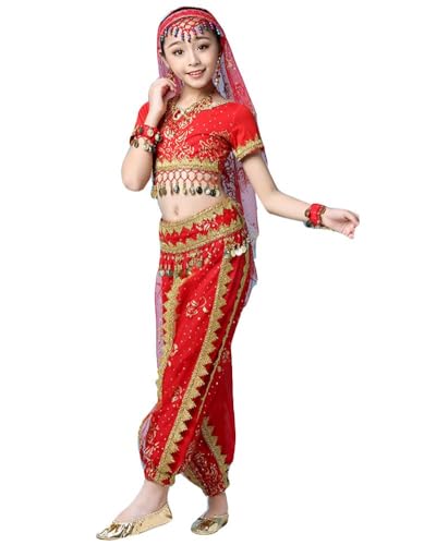 Mifeiwukawa Tanzkostüm für Mädchen, Bollywood, Bauchtanzkostüm, Bühnenoberteil und Laternenhose mit Glocken, Anzug, Karneval, Tänzerin, Outfit (Dared8cs, L) von Mifeiwukawa