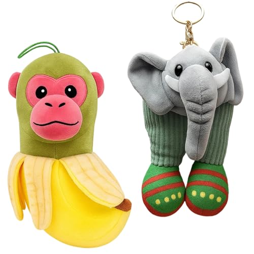 MigWoo Plüschtie,1 Bananen-AFFE-Plüsenpuppe und 1 Elefant-Schlüsselanhänger,Ideale Geburtstags, Bananenmann Umarmspielzeug,Obstförmiges Spielzeug,Kinder weiche Füllung Tierspielzeug von MigWoo