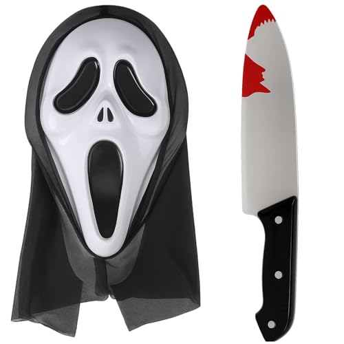 Halloween Horror Scream Maske und Fake Messer, Halloween Masken Scream Ghostface Gruselige Kostüme, Geeignet für Geisterhäuser Halloween Fasching Party Halloween Horror Scream Maske und Fake Messer, Halloween Masken Scream Ghostface Gruselige Kostüme, Geeignet für Geisterhäuser Halloween Fasching Party von MigWoo
