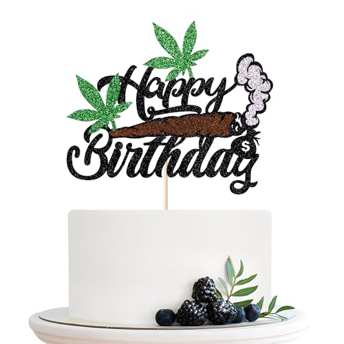 Migeaks Happy Birthday Cake Topper, Glitter Weed Leaves Happy BirthdayCake Decoration Supplies, Funny 420 Birthday Party Supplies for Men Women Birthday Party Decorations von Migeaks