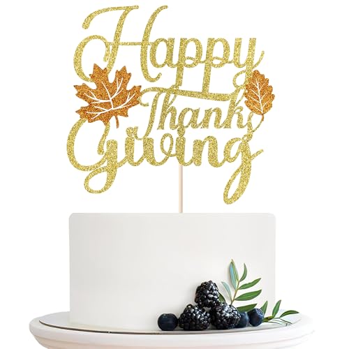 Migeaks Happy Thanksgiving Cake Topper, Herbst Thanksgivings DayTheme Birthday Party Supplies, Ahornblätter, Happy Friendsgiving Cake Pick Autumn Grateful Blessed Cake Decor (Happy Thanks) von Migeaks