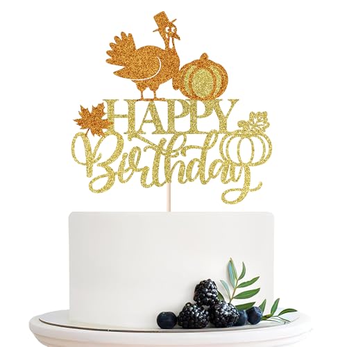 Migeaks Tortenaufsatz für Thanksgiving, Happy Birthday, Herbsttag, Geburtstag, Dekoration, Glitzer, Ahornblatt, Kürbis, Herbstthema, Kuchenpicks, Happy Thanksgiving Day von Migeaks