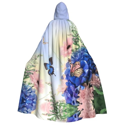 Migpkd Blauer Schmetterling und Blumen, Halloween-Umhang mit Kapuze, Hexenmantel, Umhang mit Kapuze für Erwachsene, Cosplay-Kostüm von Migpkd