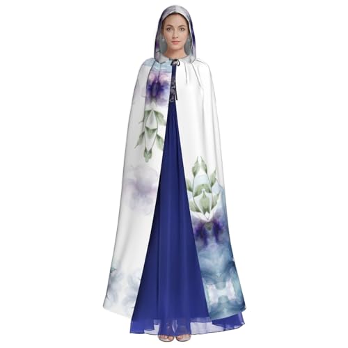 Migpkd Halloween-Kapuzenumhang mit blau-violetten Blumen und grünen Blättern, Hexenmantel, Umhang mit Kapuze für Erwachsene, Cosplay-Kostüm von Migpkd