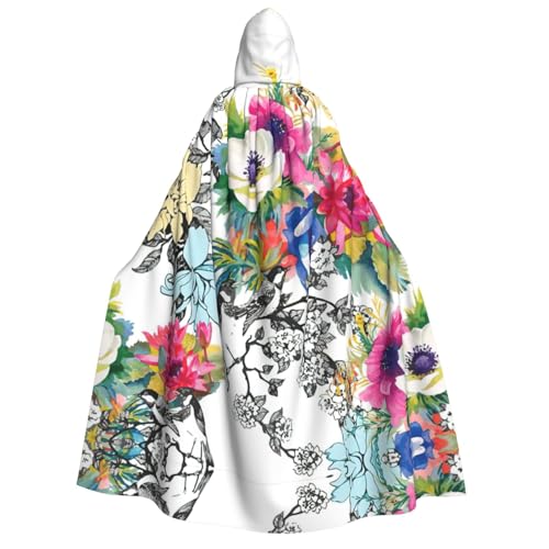 Migpkd Umhang mit Kapuze für Erwachsene, Motiv: Blühende Wildblumen, Vögel, Blätter, Zweige, Halloween, Hexenmantel, Umhang mit Kapuze, Cosplay-Kostüm von Migpkd