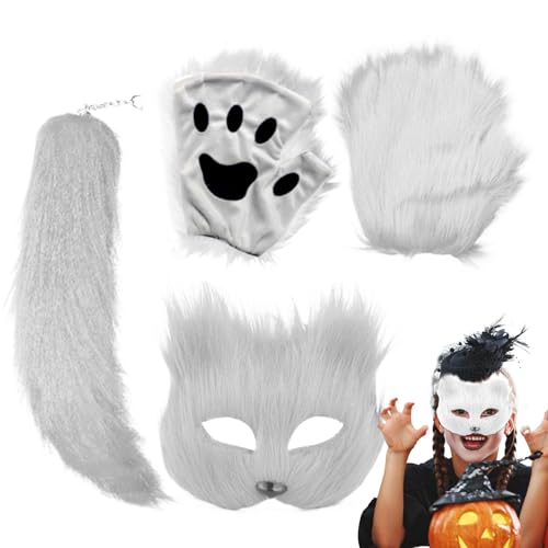 Mihauuke Halloween-Tier-Gesichtsbedeckung, Tier-Maskerade-Maske, Cosplay Gesichtsbedeckung mit Schwanz und Handschuhen, Halloween-Maske, Fotoautomaten-Requisiten für Halloween-Dekoration, von Mihauuke