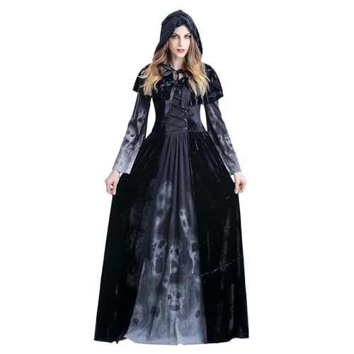 MiiDD Damen Hexen Kostüme,Zombie Skelett Kostüm Damen Langarm Vampir Kleid Schwarz Hexen Umhänge Kapuze Halloween Dirndl Damen Langes Kostüme Frauen(XL) von MiiDD