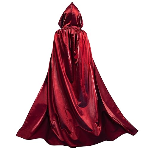 MiiDD Roter Umhang mit Kapuze Halloween Kostüm,Unisex Lange Kapuzenumhang Satin Cape Umhang Kostüm Halloween Karneval Mittelalter(Roter,M) von MiiDD