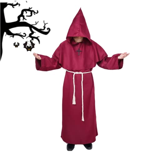 Priester Robe Mönch Kostüm Herren Mit Kapuze und Kreuz, Kapuzen Robe Gewand Mönchskutte für Halloween, Mittelalterliche, Renaissance, Karneval (Rot, M) von MiiDD