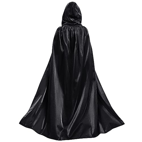 Schwarzer Umhang mit Kapuze Halloween Kostüm,Unisex Lange Kapuzenumhang Satin Cape Umhang Kostüm Halloween Karneval Mittelalter(Schwarz,L) von MiiDD