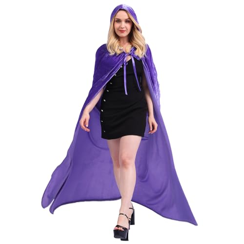 Vampir Umhang Schwarz mit Kapuze,Halloween Umhang mit Kapuze,Unisex Lange Kapuzenumhang Cape Umhang Samt Halloween Kostüm Damen für Halloween Batman Harry Potter Pagan Fasching Cosplay(Violett,XXL) von MiiDD