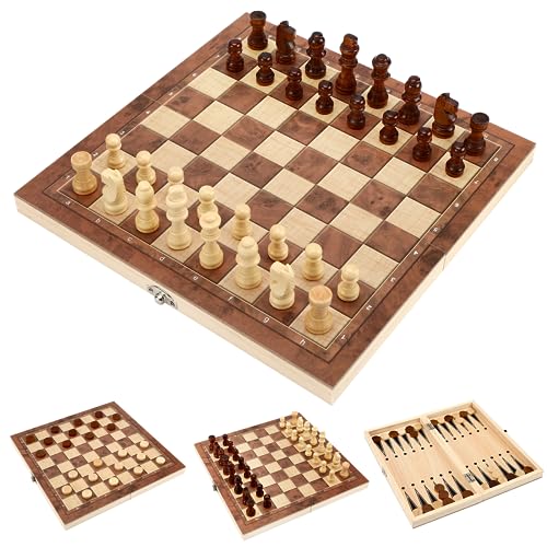 Miiepls Schachspiel Holz, 3 In 1 Schachbrett Hochwertig Schach, Klappbar Chess Board für Kinder Erwachsene, Tragbares Schachspiel Chess Set für Familie Party Reisen (29x29), 3-1GJXQ von Miiepls