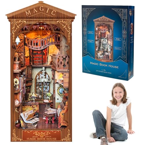 Book Nook Miniatur Puppenhaus Kit, DIY Bücherecke mit LED-Licht,Booknook Häuser 3D Puzzle Buchstützen aus Holz,Modellbausätze für Erwachsene zum Bauen von Miiepls