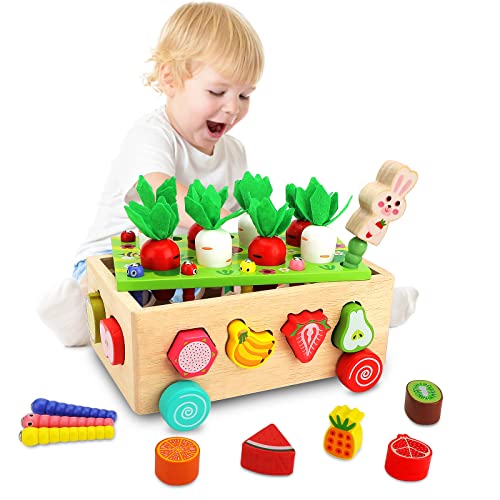 Montessori Spielzeug ab 1 Jahre, 7-in-1 Karottenernte Holzspielzeug für Kinder, Farmspiel Motorikspielzeug, Sortier Stapelspielzeug Lernspielzeug Geschenk für Mädchen Junge Kleinkind ab 1 2 3 4 Jahre von Miiepls