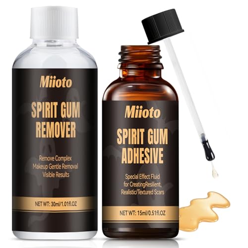 Miioto Hautkleber Halloween, Gesichtskleber, Spirit Gum 15ml + Entferner 30ml, Mastix Hautkleber, für Elfenohren Hexennase Effektschminke Bühnenschminke Karneval Theater Körperkleber Kosmetikkleber von Miioto