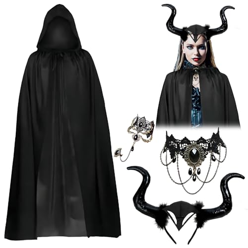 Miioto Maleficent Kostüm Damen, Teufelshörner Schwarz, Teufel Umhang, Gothic Spitze Halskette Armband, Schwarze Hörner, Maleficent Kostüm Damen für Karneval Maskerade Halloween Cosplay Party 4 Stücke von Miioto