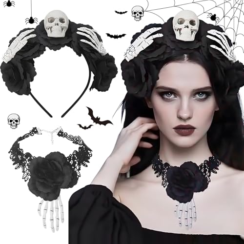 Miioto Serre Tete Halloween Femme, Halloween Serre Tete Squelette de Fleurs+Collier Halloween, Bandeau Halloween Set pour Mascarade Adulte, Halloween, Jeu de Rôle DIY, 2 Pièces von Miioto