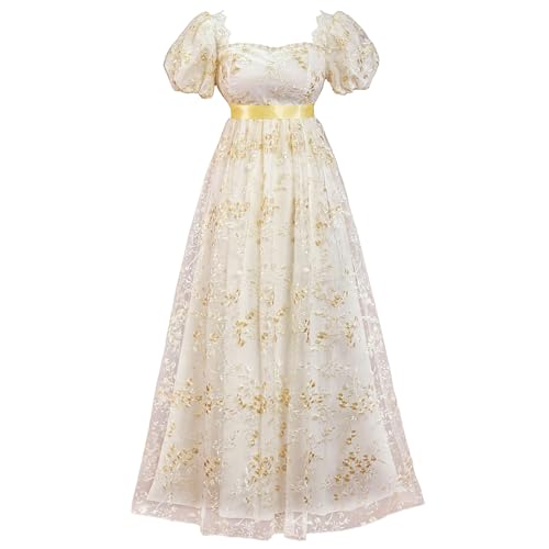 Mikan Tsumiki Goldfarbenes Regency-Kleid für Bridgerton für Damen, Spitze, Empire-Taille, viktorianisches Rokoko-Ballkleid, 1800er-Jahre-Kostüm, Größe XL von Mikan Tsumiki