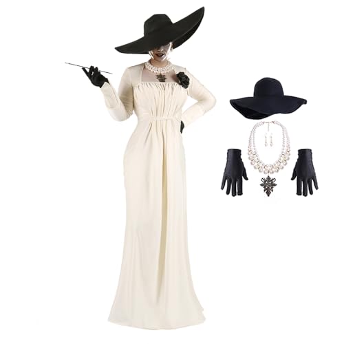 Mikan Tsumiki Lady Alcina Dimitrescu Cosplay Kostüm Damen Beige Langes Kleid mit Halskette, Ohrringen, Handschuhen, Hut, Beige, XXL-3XL Mikan Tsumiki Lady Alcina Dimitrescu Cosplay Kostüm Damen Beige Langes Kleid mit Halskette, Ohrringen, Handschuhen, Hut, Beige, XXL-3XL von Mikan Tsumiki