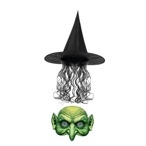 Mikikit 1Satz Halloween Hexen Kostüm Set für Damen Lange Lockige Perücke Verstellbarer Hexenhut Cosplay Maske für Karneval Halloween Feiern von Mikikit