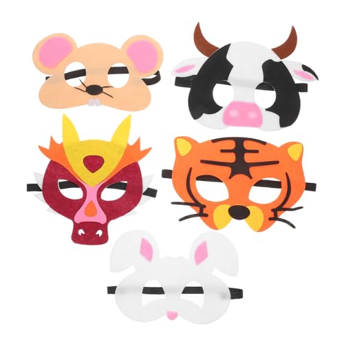 Mikikit 5Stücke Teiliges Tiermasken für Cartoon Cosplay Masken für Halloween Karneval und Partys Realistische Halbseitige Tiergesichter Kuh Tiger Kaninchen von Mikikit