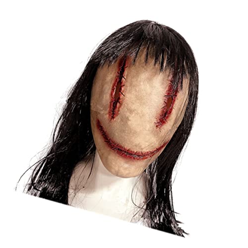 Mikikit Horrormaske mit Langen Haaren Gruselige Halloween Maske für Kostümpartys Cosplay und Spukhaus Dekoration Schaurige Augen und Rissiger Mund für Schaurige Festlichkeiten von Mikikit