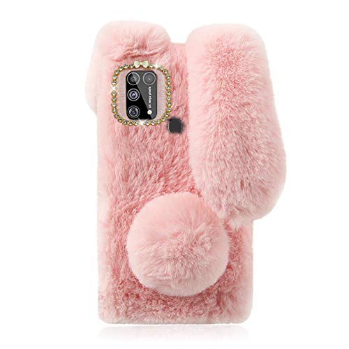 Mikikit Rosa Plüsch Hase Pelzige Handyhülle für Samsung Galaxy M31, Niedliche Kuscheltier-Plüsch-Flauschige Hülle für Mädchengeschenk, weiche kuschelige Schutzhülle des Kaninchenfell für Galaxy M31 von Mikikit