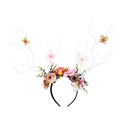 Mikinona 1 Stück Haarschmuck mit Blumen Kostümstirnband Hirschgeweih Stirnband Halloween Geweih-Stirnband Haardekoration Kopfbedeckung aus Hirschhorn Stoff Weiß Zufällige Farbe von Mikinona