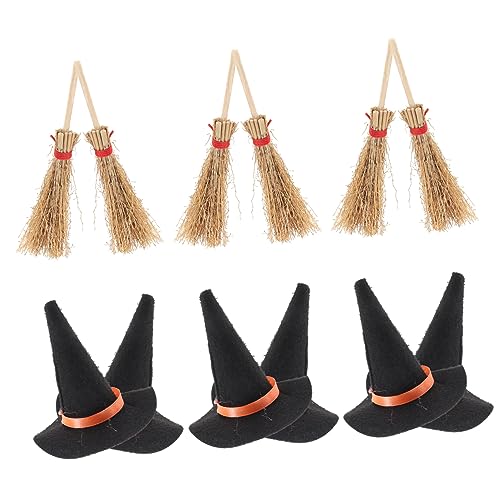Mikinona 12 Stück Teiliges Halloween Mini Hexenhut und Besen Große Filz Hexenhüte und Kleine Besen Lebendige Farben Vielseitig für Puppenhaus Dekoration DIY Basteln Party und Cosplay von Mikinona