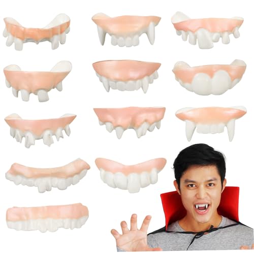 Mikinona 12 Stück Teiliges Vampirzähne aus PVC Realistische und Lustige Kostümzähne für Halloween Karneval und Party Vielseitige Designs für Pranks und Cosplay von Mikinona