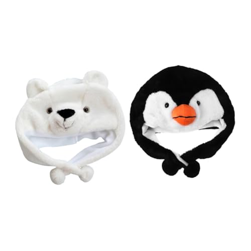Mikinona 2 Stück Teiliges Cartoon Tiermützenset Plüsch Bär und Pinguin Sanft Leicht Bequem für Alltag und Kostümparty Geeignet von Mikinona