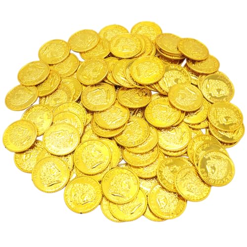 Mikinona 300 Stück Kunststoff Piraten Schatzmünzen Spielgeld Goldene Spielmünzen für Piratenparty Kindergeburtstag Karneval Bühnenrequisiten und Belohnungen von Mikinona