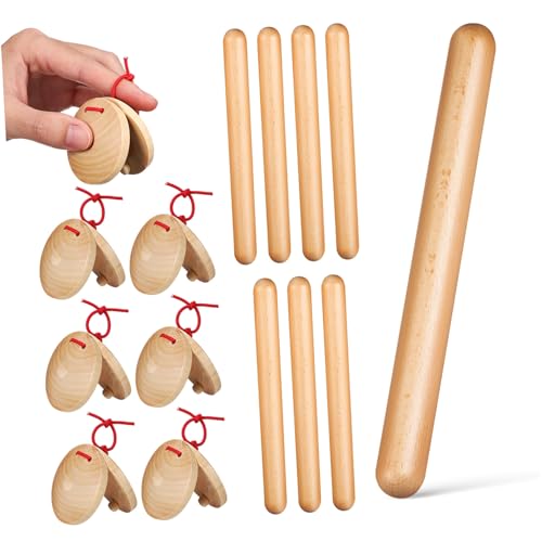 Mikinona 4 Paare Holz Rhythmus Sticks und Kastagnetten Kindgerechte Percussion Instrumente aus Hochwertigem Holz Sicher Ab Monaten für Musikunterricht Kindergarten und Partyspaß von Mikinona