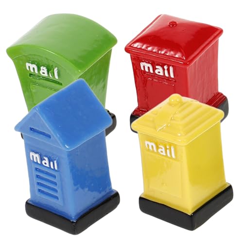 Mikinona 4 Stück Miniatur Briefkasten Figuren aus Langlebigem Resin Detailreiche Miniatur Postboxen in Rot Gelb Blau Grün für Puppenhaus und Micro Sichere Glatte Oberfläche als Dekoration von Mikinona