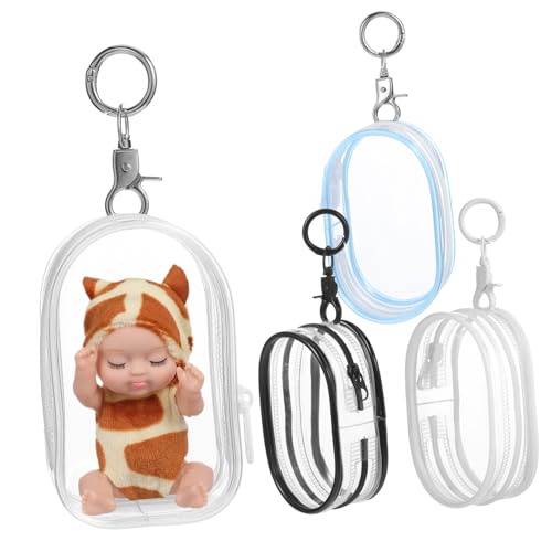 Mikinona 4 Teiliges Transparente Puppentaschen mit Schlüsselanhänger Stabile Kunststoff Aufbewahrungstasche mit Reißverschluss Klarer Figuren Display Beutel für Kleine Puppen Langlebig von Mikinona