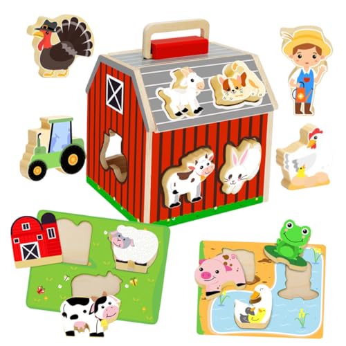 Mikinona Holzpuzzle Scheunen-Bauernhof für Kleinkinder Montessori Lernspielzeug Kognition Feinmotorik und Räumlichem Denken Sicher Langlebig Kompakt Speicherbar von Mikinona